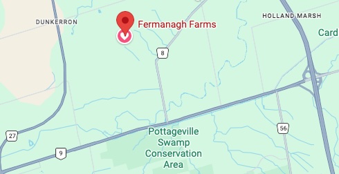 Map showing the location of Fermanagh Farms near Highway 400 in Bradford West Gwillimbury